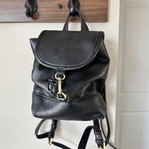 Black Leather Mini Backpack with Gold Hardware